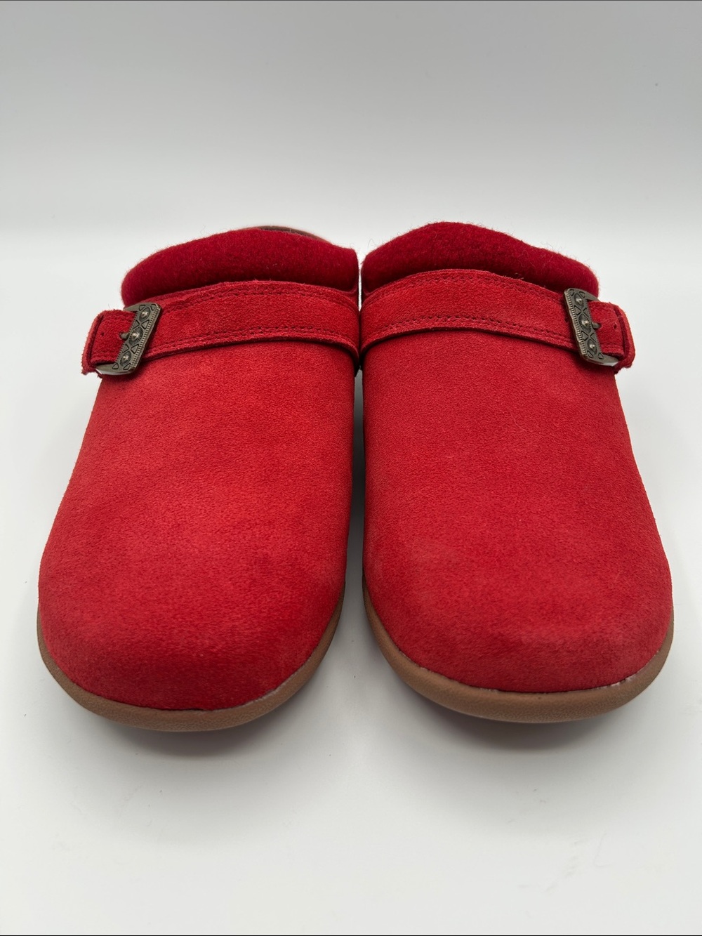 REVITALIGN (WIDE, 9D) Ashley Desert Red Suede Slip-On Clogs with Buckle Accent - Picture 3 of 16